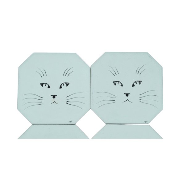 Vintage Kitty Cat Coasters In Wood Holder Porcelain Tiles Signed MG Set of 4 Hom - Picture 6 of 10